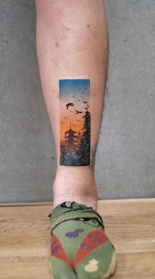 Pagoda and Crows At Sunset Tattoo