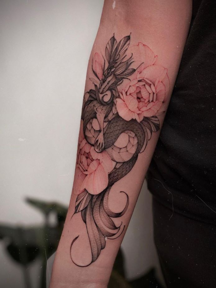 Pink Flower Dragon Tattoo