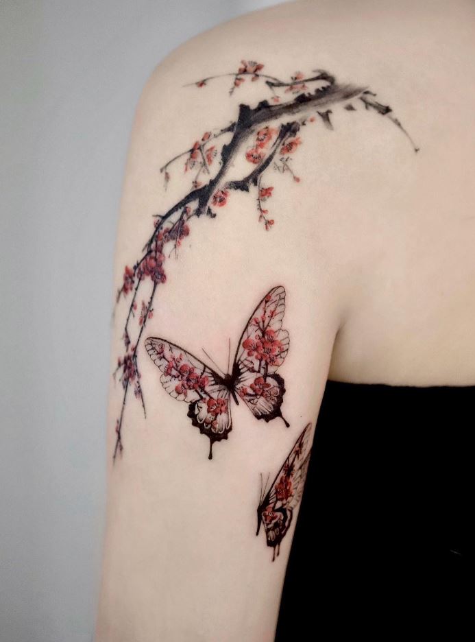 Awesome Butterfly And Flowers Tattoo